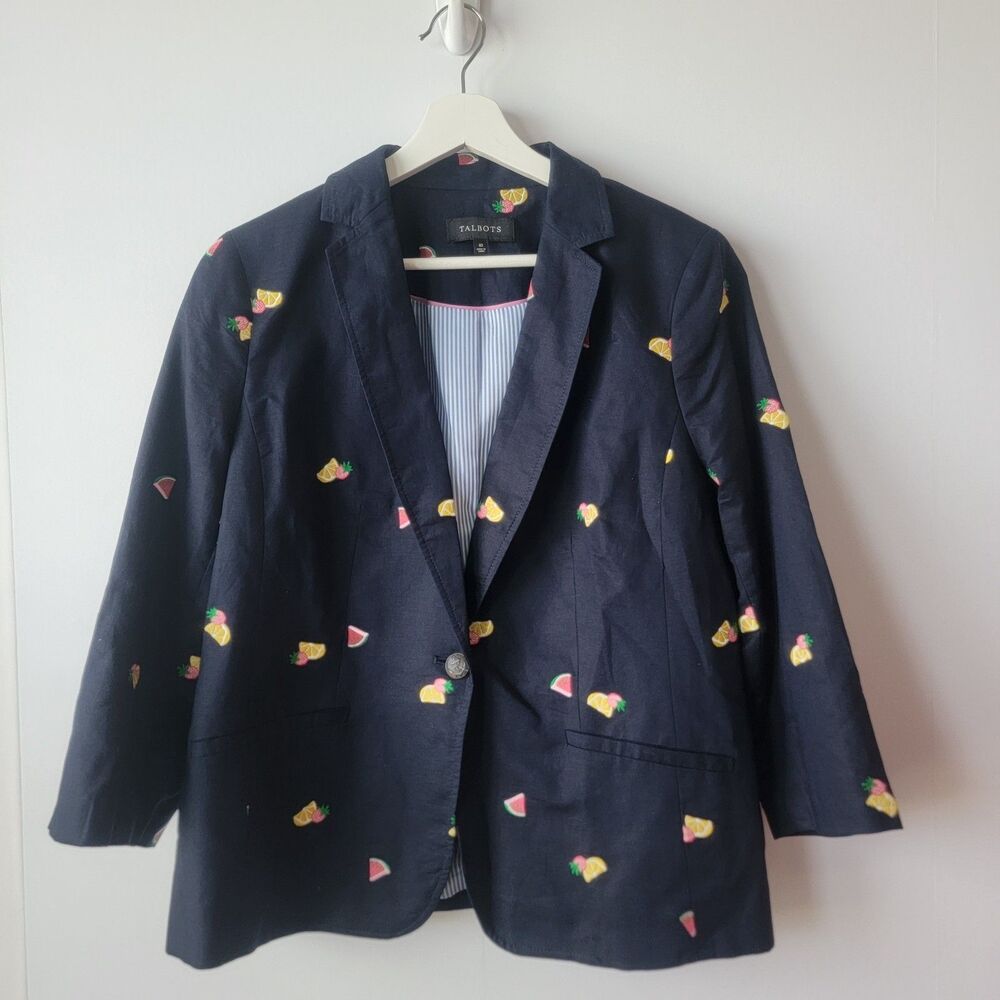Talbots womens Embroidered‎ Fruits Blazer size 10 linen blend navy 3/4 sleeve